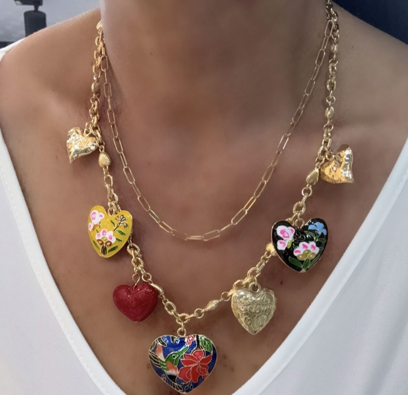 Renkli Mineli Çoklu Kalp Charm Sallantılı Marka Model İkili Kolye (55 Cm-62 Cm)