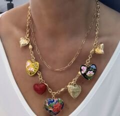 Renkli Mineli Çoklu Kalp Charm Sallantılı Marka Model İkili Kolye (55 Cm-62 Cm)