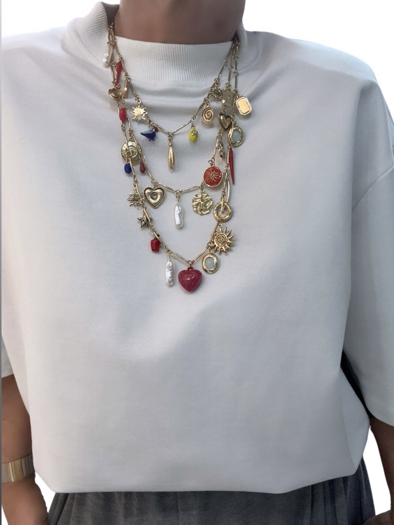 Eskitme Ve Renkli Figür Charm Sallantılı Marka Model Üçlü Kolye (54 Cm-63 Cm-76 Cm)