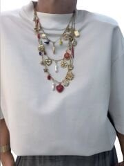 Eskitme Ve Renkli Figür Charm Sallantılı Marka Model Üçlü Kolye (54 Cm-63 Cm-76 Cm)