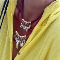 Bordo Deri İp Çoklu Charm Sallantılı İkili Marka Model Kolye (50 Cm-58 Cm)