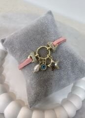 Pembe Süet Detay Zirkon Taşlı Yıldız Nazar Sallantı Bileklik