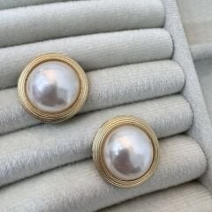 Gold Çerçeve Daire İnci Küpe