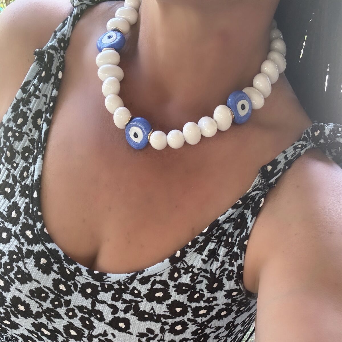 Üçlü Nazar Detay Oval Cam Boncuk Kolye
