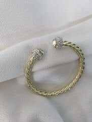 İki Ucu Zirkon Taşlı Gold Örgü Plaka Kelepçe Bileklik