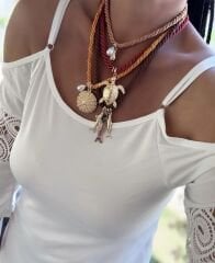 Dörtlü Renkli Burgu İp Çoklu Charm Sallantılı Marka Model Kolye (45-47-57-60 Cm)