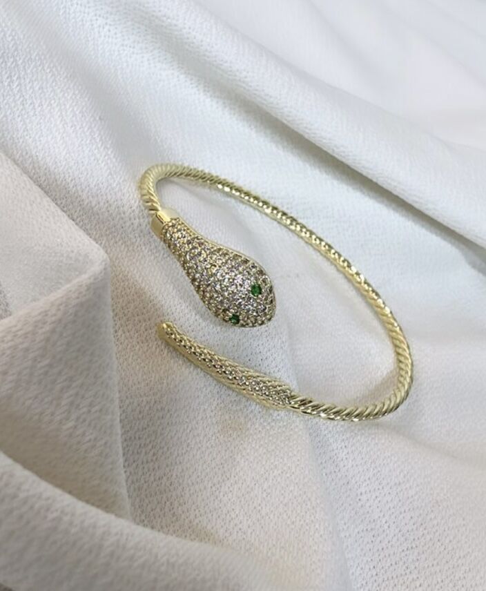 Zirkon Taşlı Gold Yılan Kelepçe Bileklik