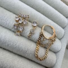 Özel Seri Zirkon Taşlı Zincir Zincir Detay Üçlü Set Küpe