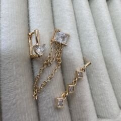 Özel Seri Kare Baged Taş Detay Üçlü Set Küpe