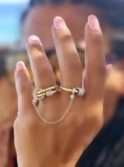 Özel Seri Zirkon Taşlı İki Renk Zincir Detay İki Parmak Yüzük