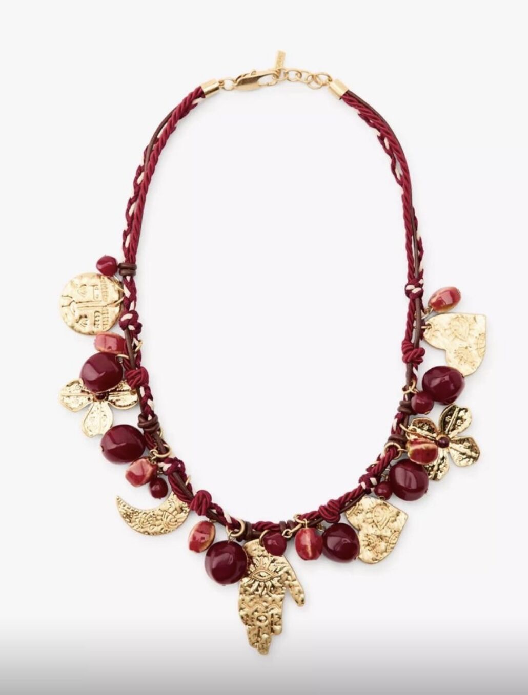 Bordo Burgu İp Gold Plaka Charmlı Marka Model Kolye (52 Cm)
