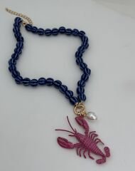 Çizgi Cam Boncuk Sıralı Pembe Yengeç Figür Marka Model Kolye (54 Cm)