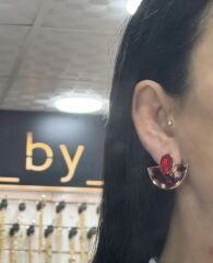 Oval Taş Detay Hareli Yelpaze Model Küpe